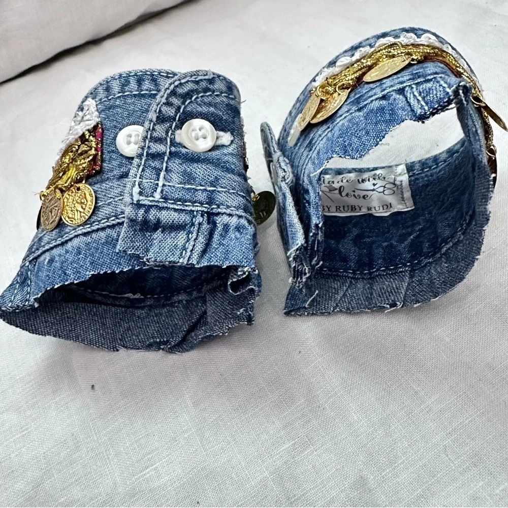 RUBYRUDI Artisan Denim Cuff Bracelet Set Shabby Chic Tattered Raw Edge Signed